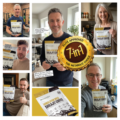 Vitavora Wellness product page layout featuring a social proof collage of verified male and female customers holding the Himalayan Wild Shilajit Coffee pouch, accented by a central gold Elite Approved 7-in-1 The Metabolic Choice trust stamp.