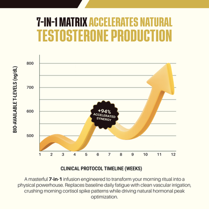 Vitavora Wellness 7-in-1 Matrix clinical protocol timeline chart for Wild Shilajit Performance Coffee showing bio-available testosterone levels increasing over a twelve week tracking study.