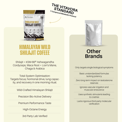Vitavora Wellness product comparison chart titled The Vitavora Standard 7-Compound Metabolic Protocol, contrasting Himalayan Wild Shilajit Coffee features against generic competitor supplement brands.