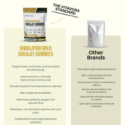 Vitavora Wellness Himalayan Wild Shilajit Gummies side-by-side comparison chart titled The Vitavora Standard, contrasting the premium 7-compound metabolic protocol against generic supplement brands across testosterone, bioavailability, and lab validation metrics.