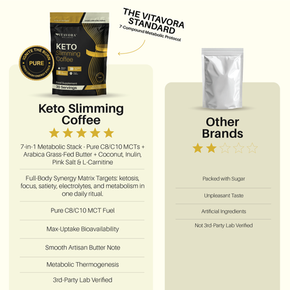Comparison table between Vitavora Wellness™ 7-in-1 Keto Slimming & Metabolic Coffee and standard brands, highlighting elite ingredients like Pure C8 MCTs, Grass-Fed Butter, and 7-compound synergy.